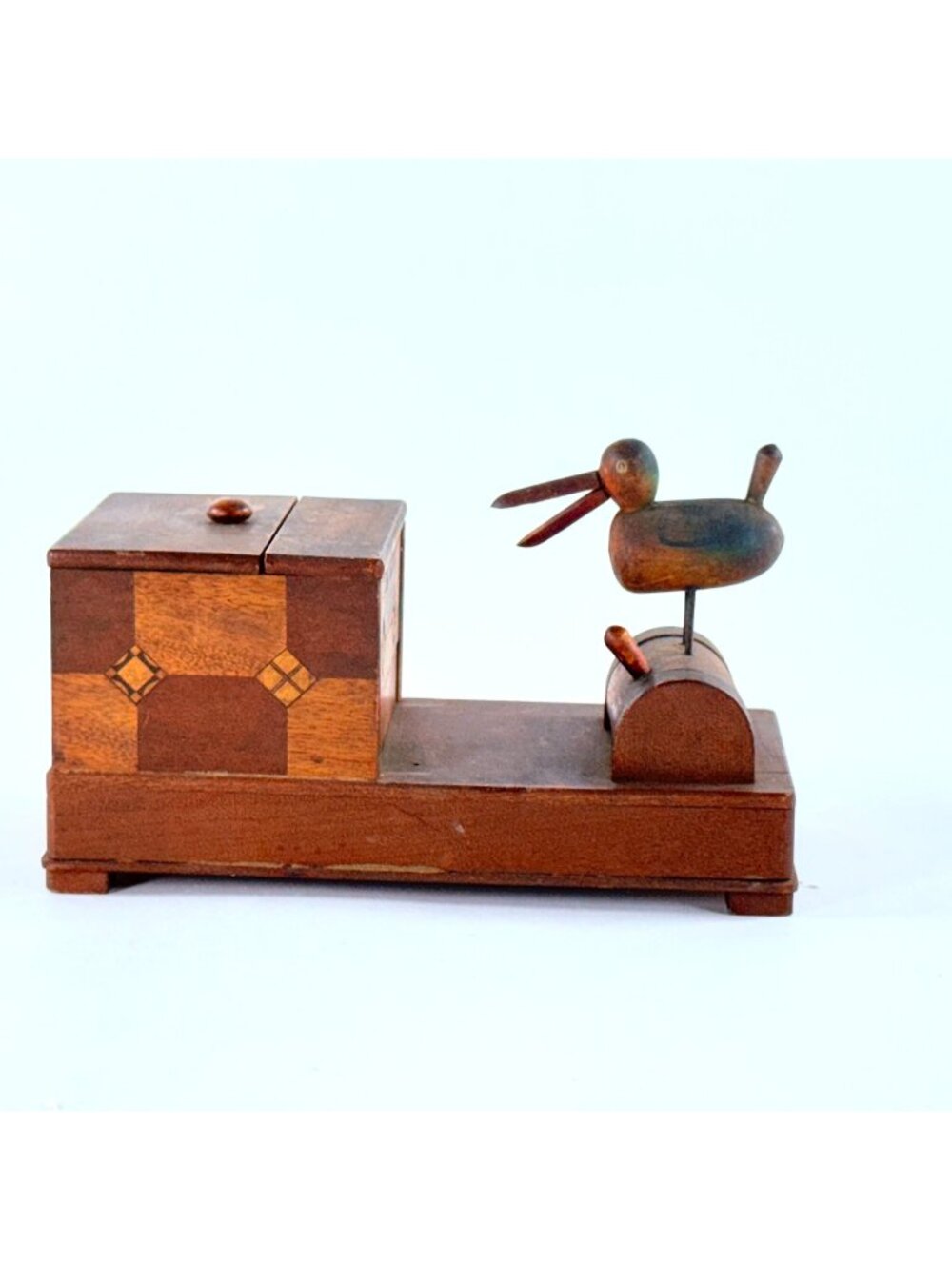 Vintage Carved Wood Bird Cigarette Dispenser Box Folk Art Mechanical Novelty